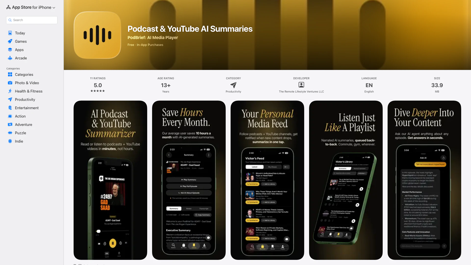 Podcast & Youtube Ai Summaries - App iOS website screenshot showing PodBrief transforma podcasts y videos de... interface and features