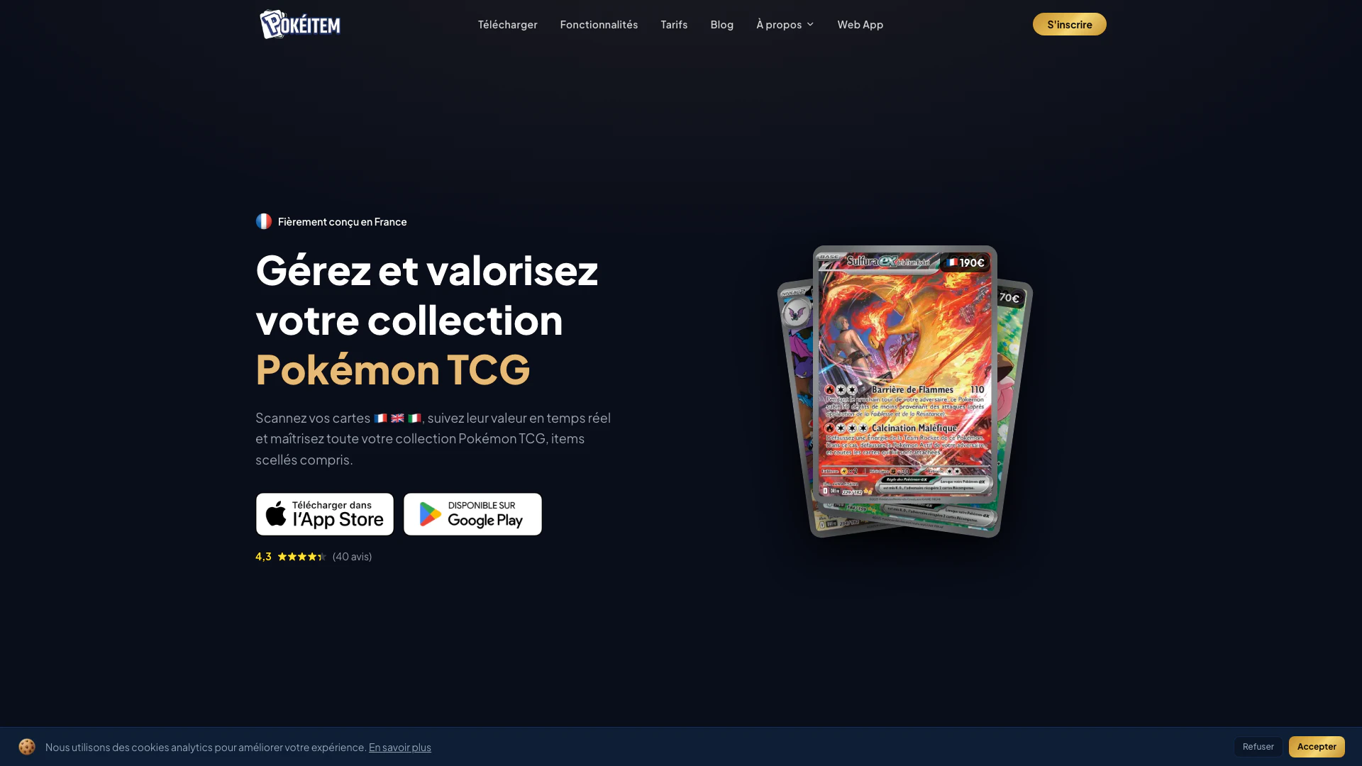 Pokeitem website screenshot showing Scan your Pokémon cards, track their rea... interface and features