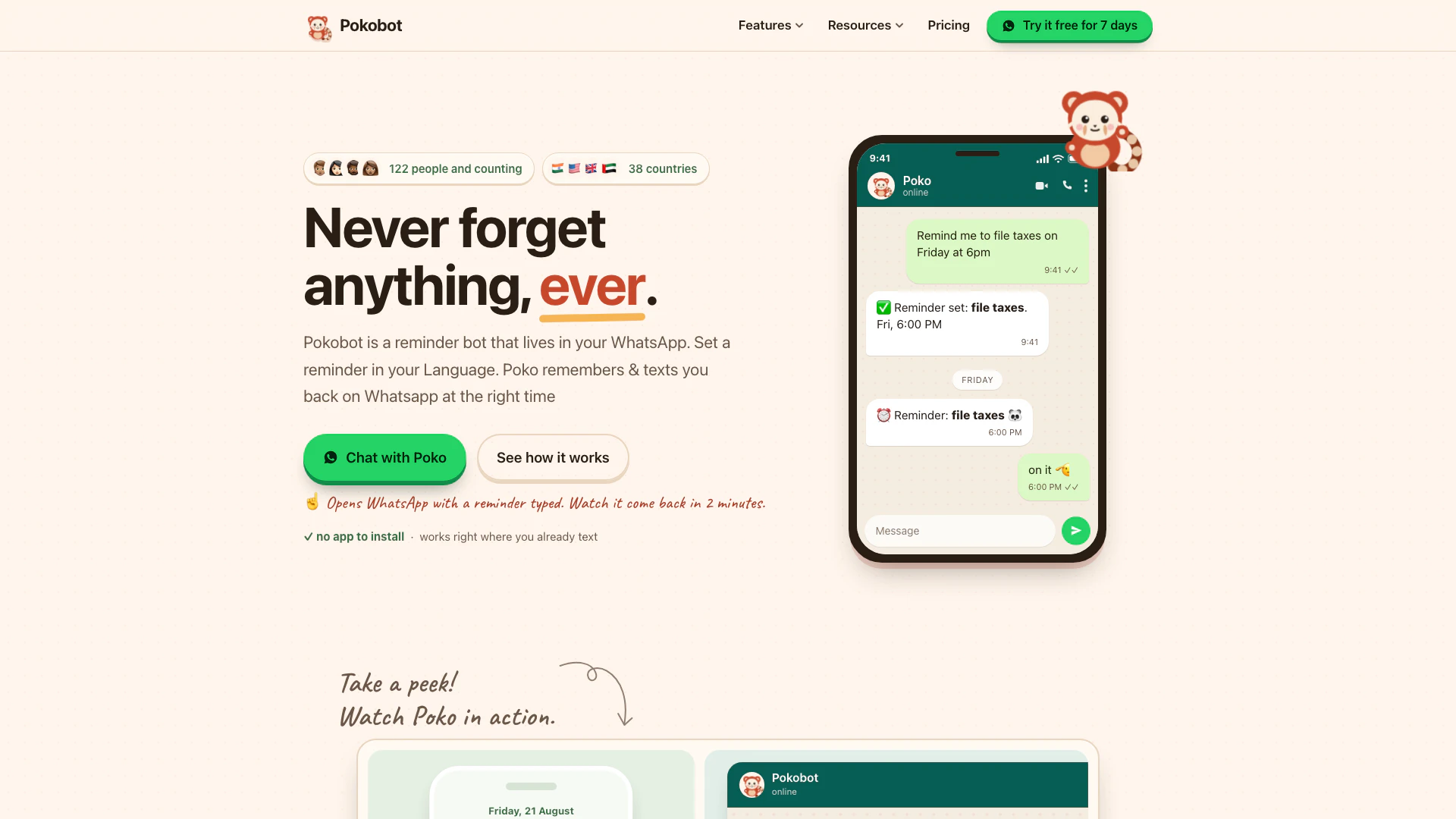 Pokobot website screenshot showing Set reminders on WhatsApp with Poko. Tex... interface and features