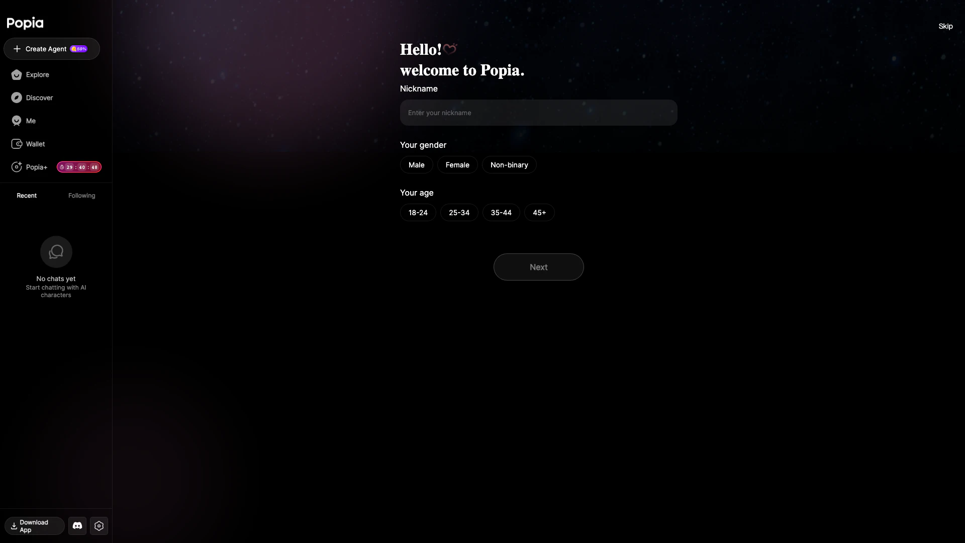 Popia website screenshot showing 欢迎来到Popia,在这里,您的每一个细节都在创造个性化的AI体验中发挥作用。 interface and features