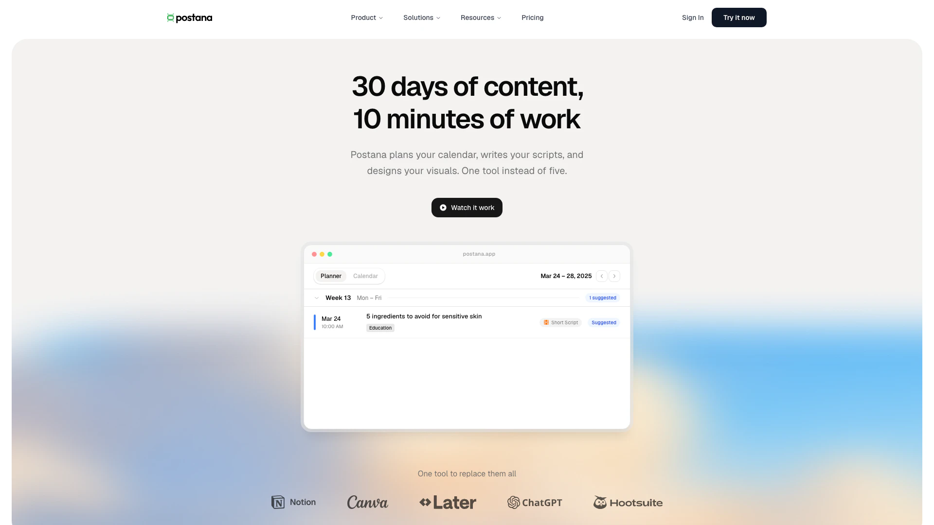 Postana website screenshot showing Postana is an AI content calendar and so... interface and features