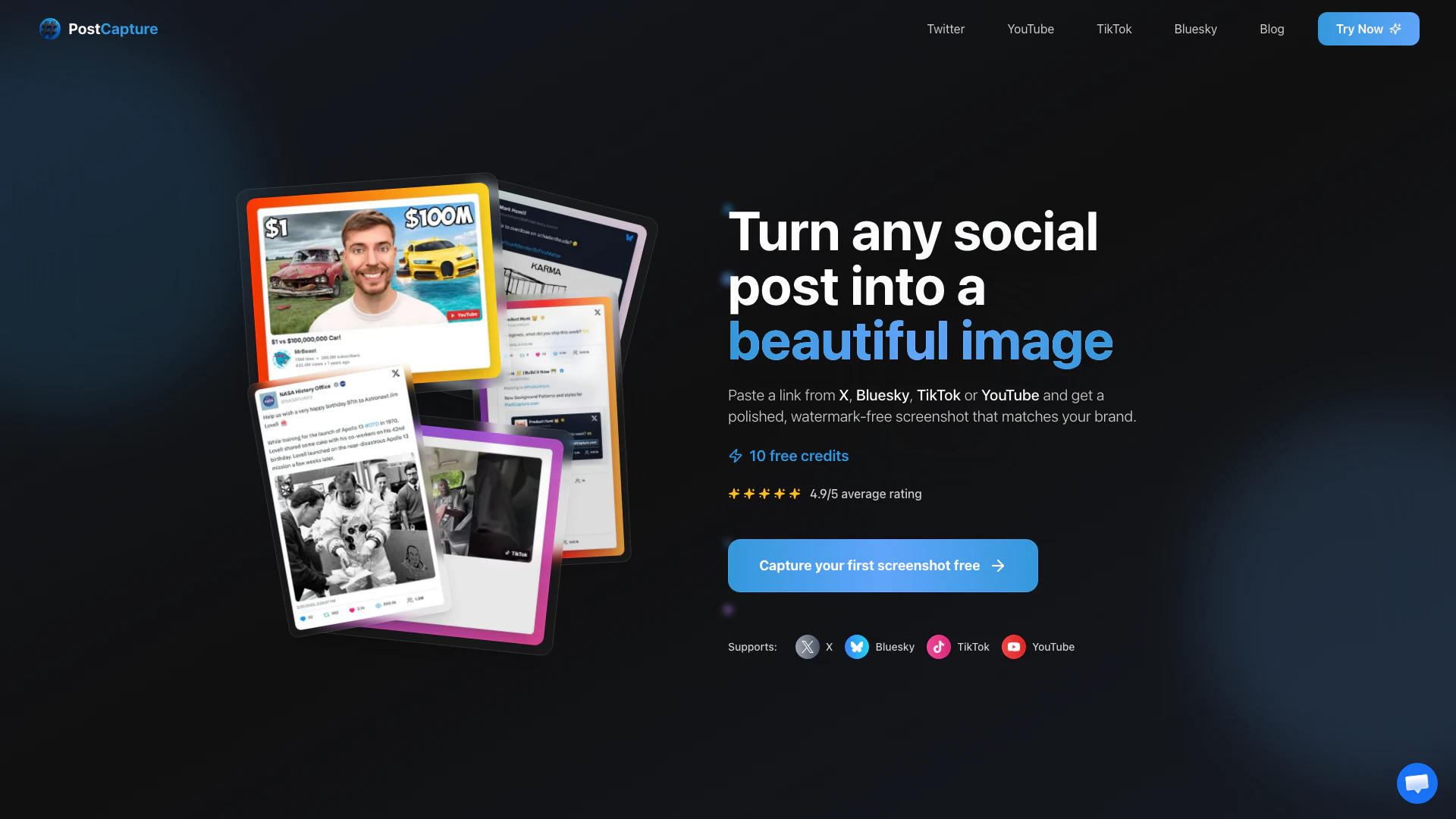 Postcapture website screenshot showing Easily create stunning screenshots of so... interface and features