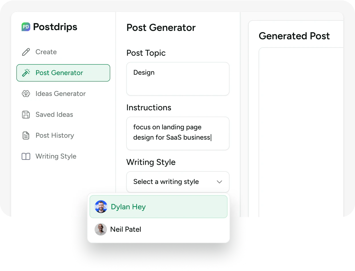 Postdrips product overview showing LinkedIn content creation tools