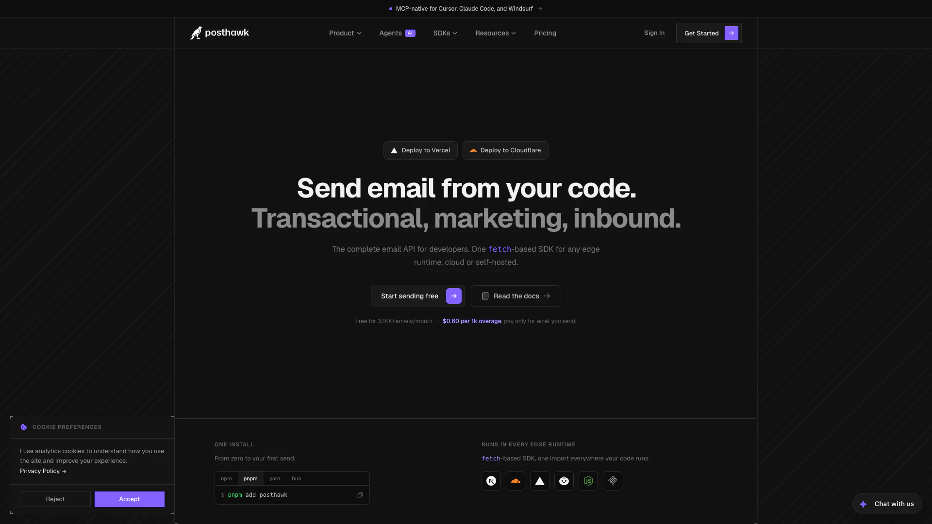 Posthawk website screenshot showing Posthawk는 배포와 함께 제공되는 이메일 레이어로, Next.js,... interface and features