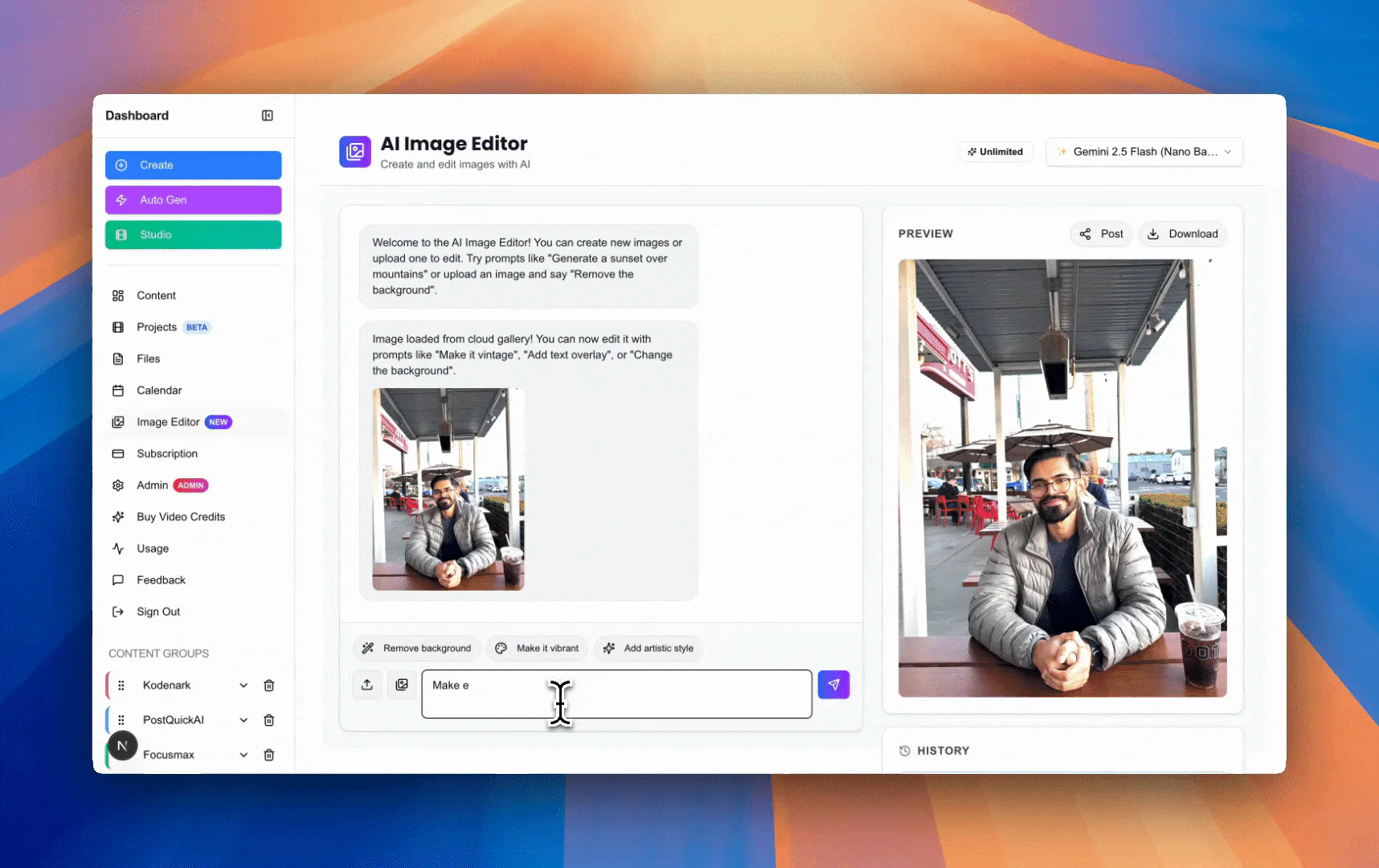 PostQuickAI AI image editor demonstration