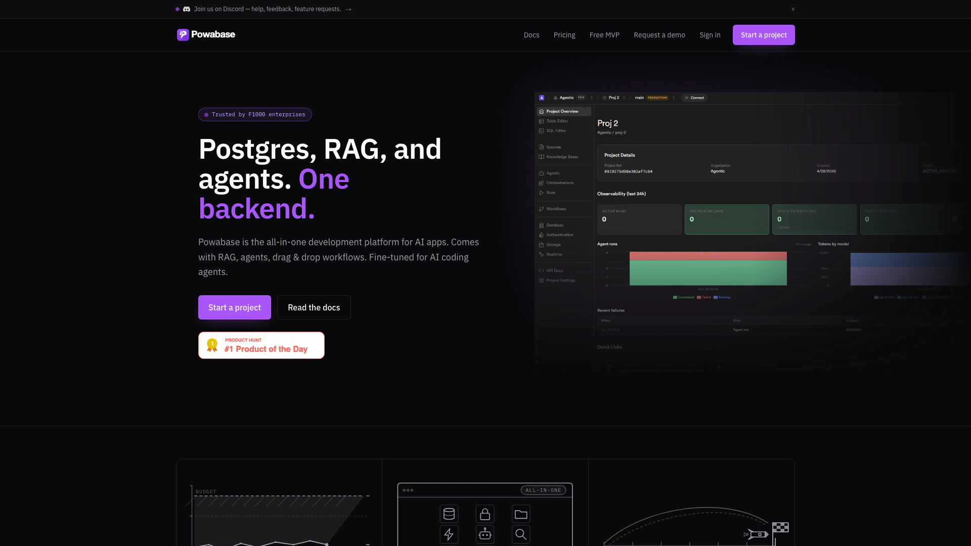 Powabaseai website screenshot showing Powabase is an all-in-one development pl... interface and features