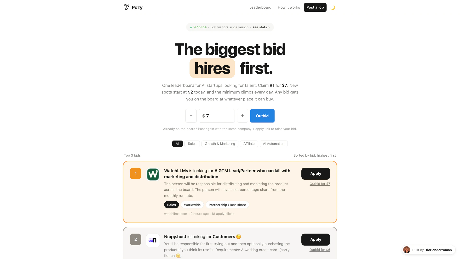 Pozyai website screenshot showing AI startups bid for attention. The bigge... interface and features