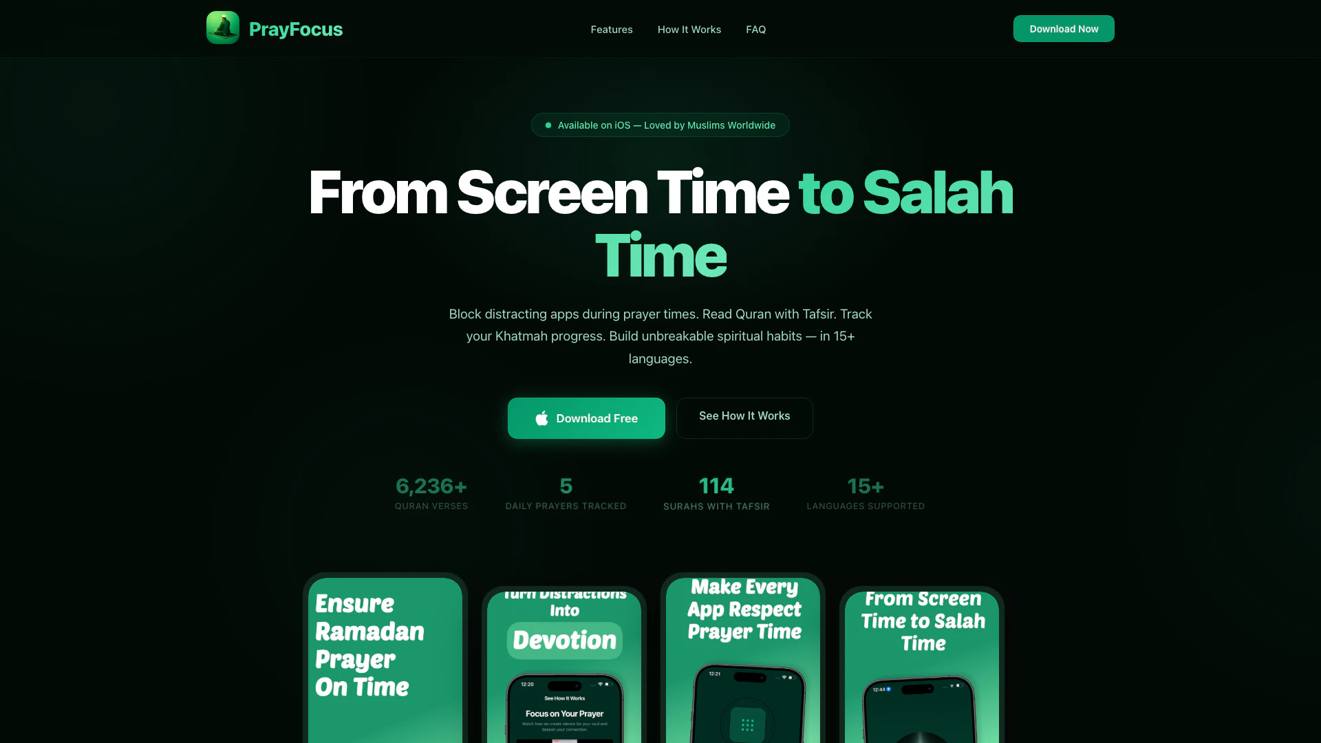 Prayscreen website screenshot showing Block distracting apps during Islamic pr... interface and features