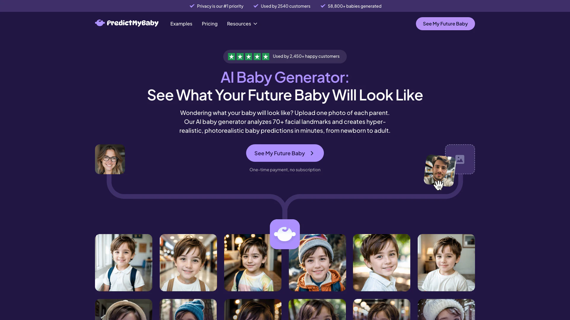 Predictmybaby website screenshot showing Curious what your baby will look like? U... interface and features