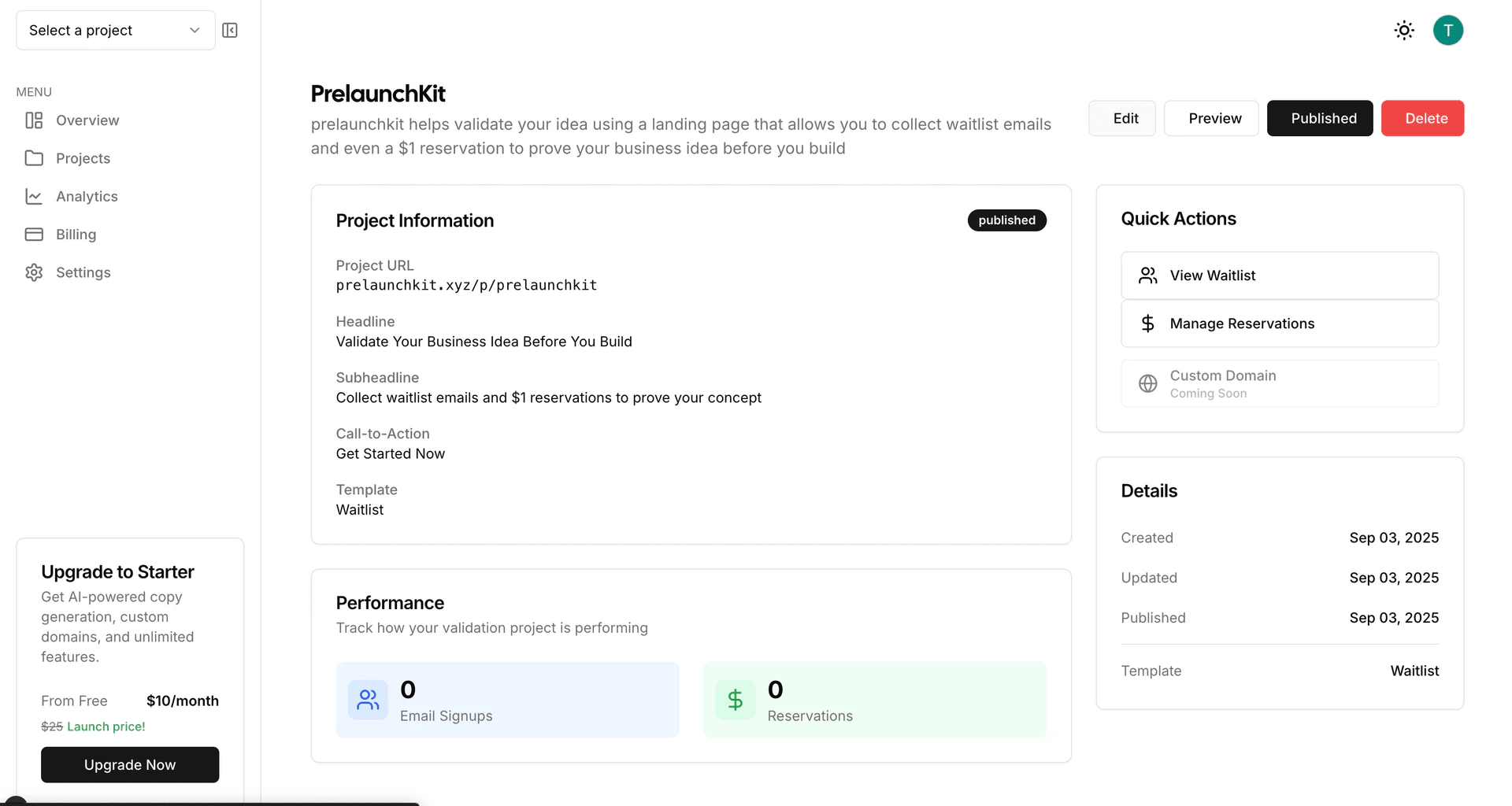 PrelaunchKit product overview interface