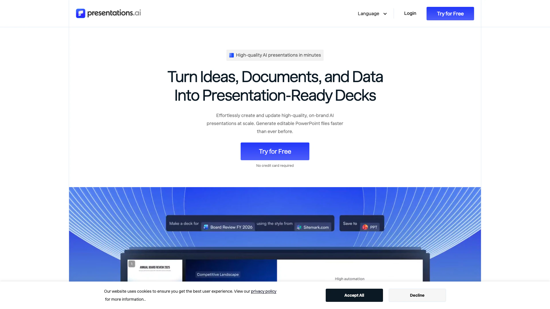 Presentations Ai website screenshot showing Presentations.AI - ChatGPT for Presentat... interface and features