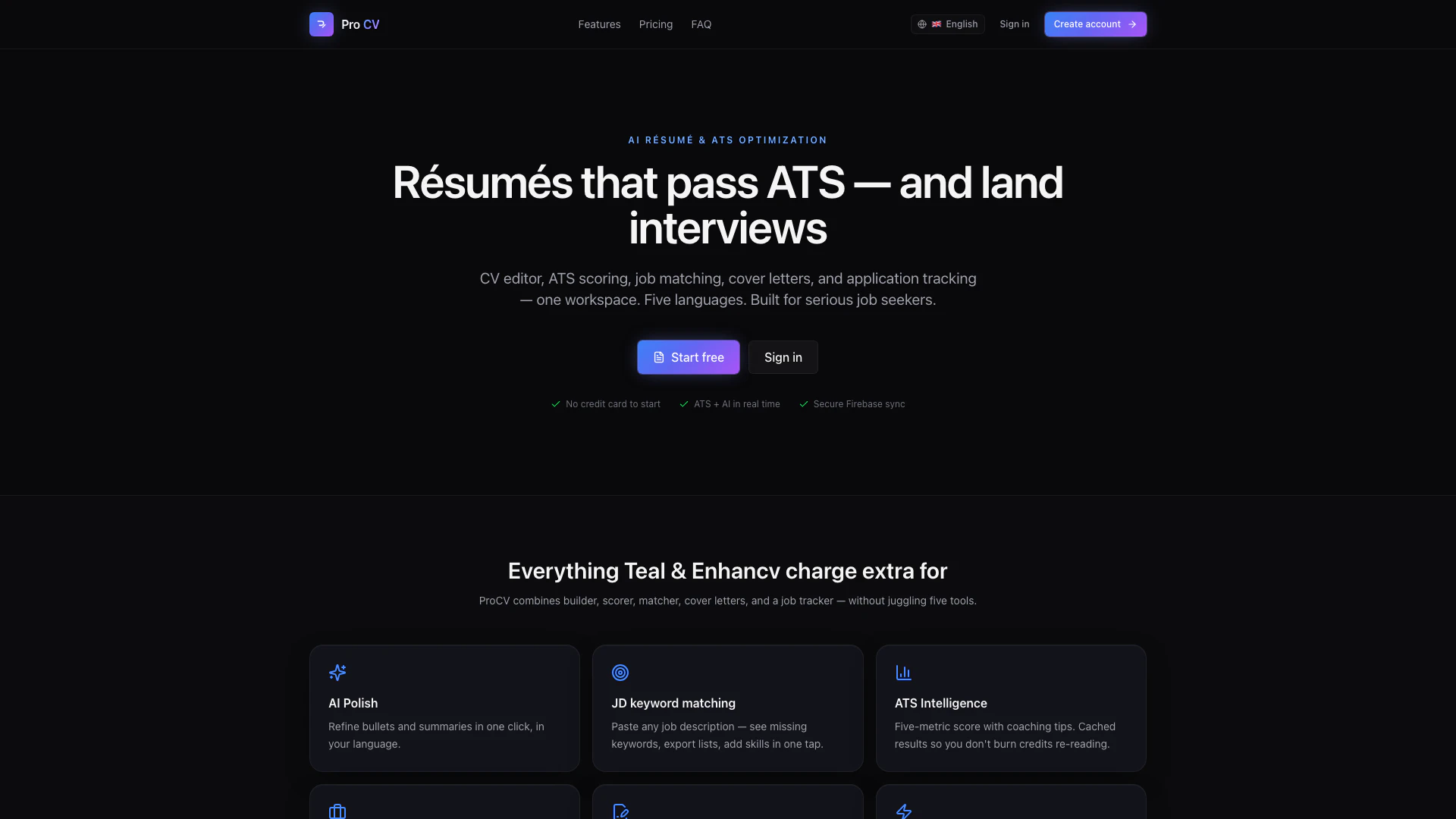 Procv Rho website screenshot showing ProCV is the AI-native résumé builder de... interface and features