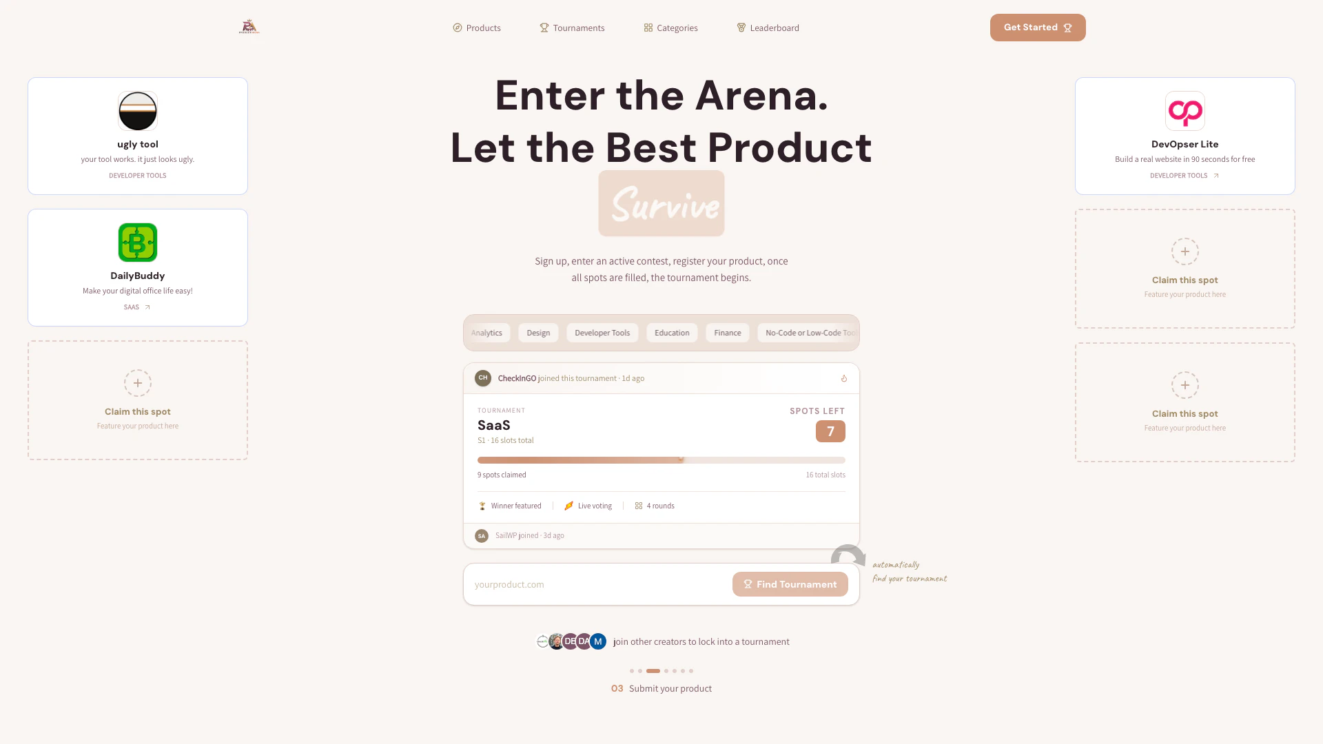 Productarena website screenshot showing ProductArena is the world's first compet... interface and features