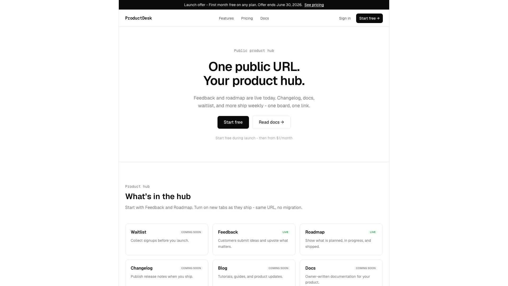 Productdesk website screenshot showing Productdesk is a customer-facing product... interface and features