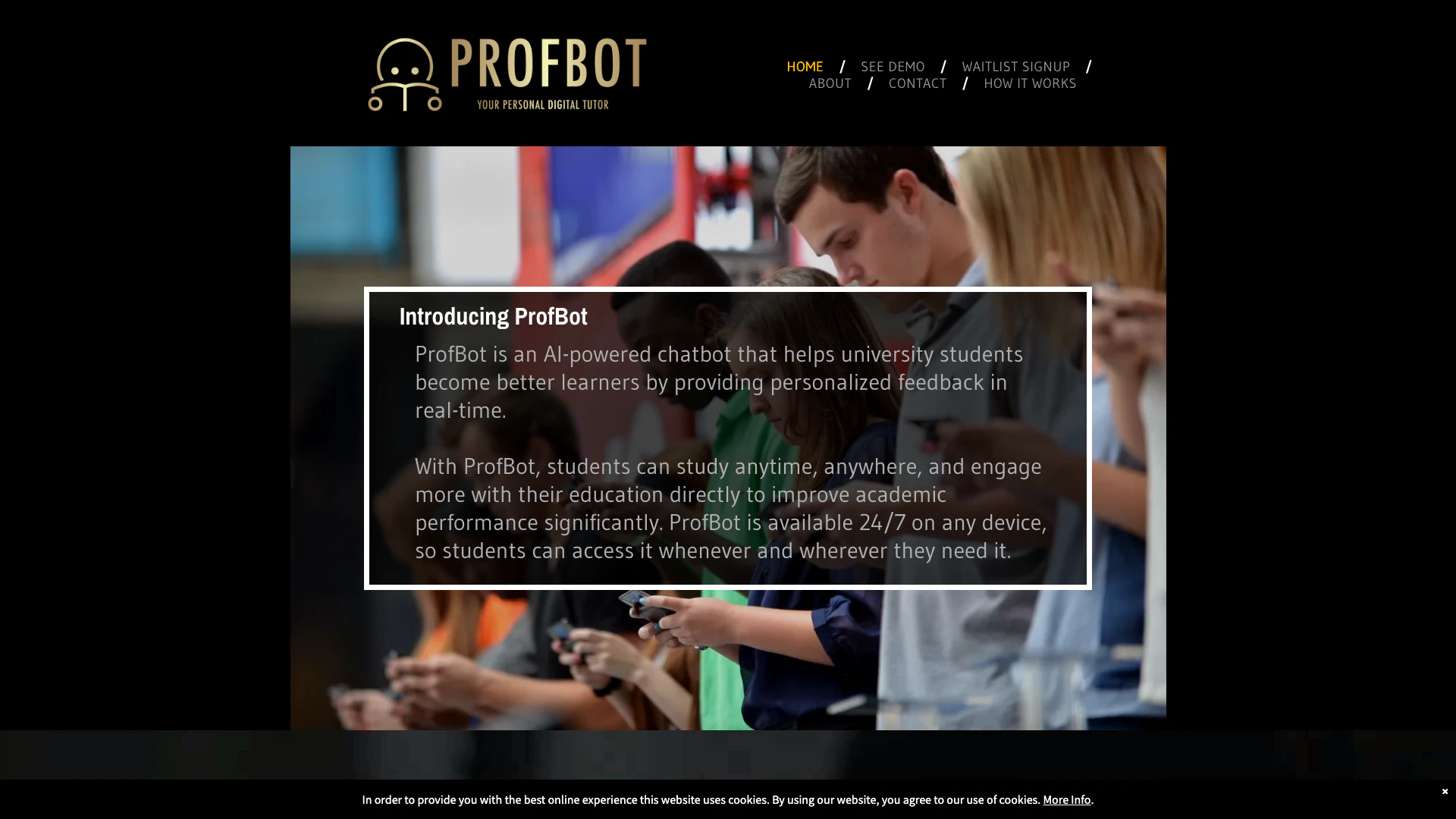 Profbot website screenshot showing ProfBot is a revolutionary AI-powered ch... interface and features