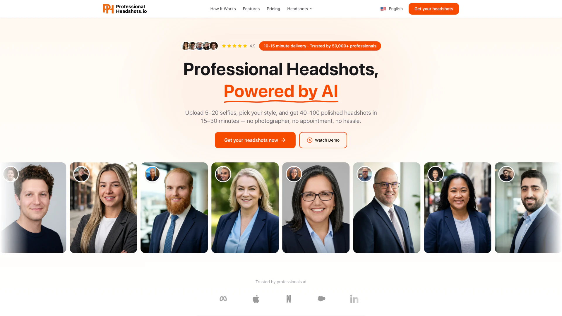 Professionalheadshot website screenshot showing Create stunning AI-generated professiona... interface and features