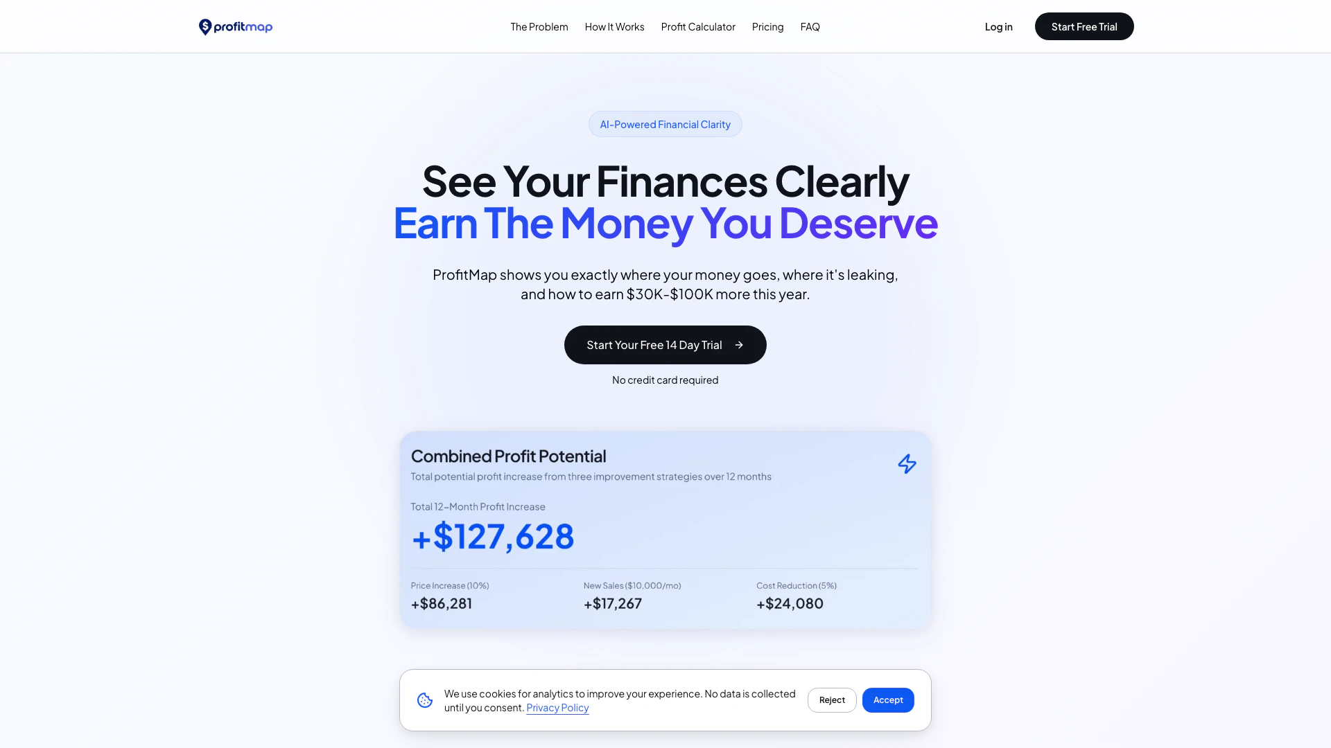 Profitmap website screenshot showing ProfitMap通过分析您的损益表提供即时洞察,帮助您通过AI驱动的建议预测增... interface and features