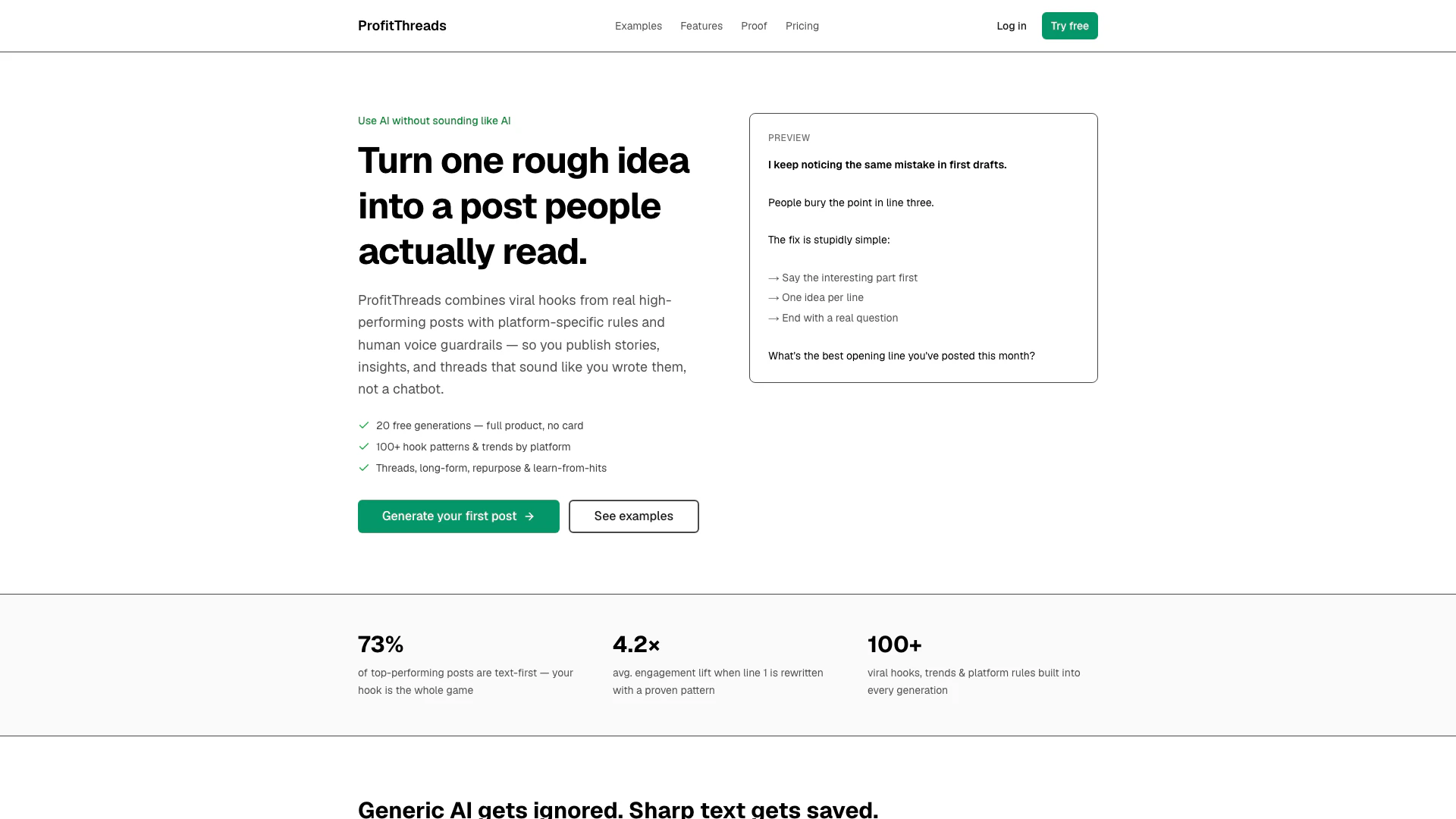 Profitthreads website screenshot showing Transform your ideas into viral posts wi... interface and features