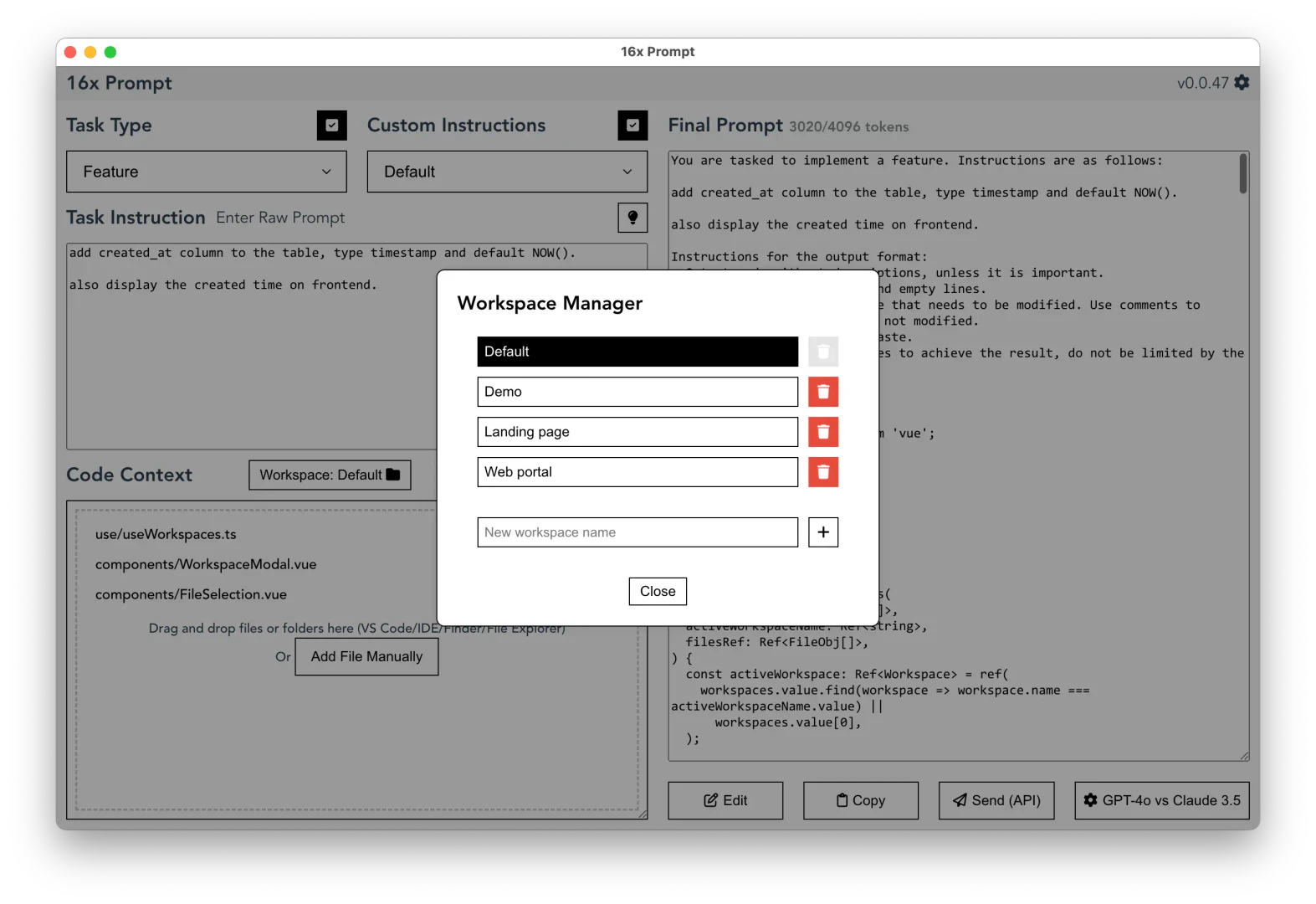 16x Prompt workspace management interface