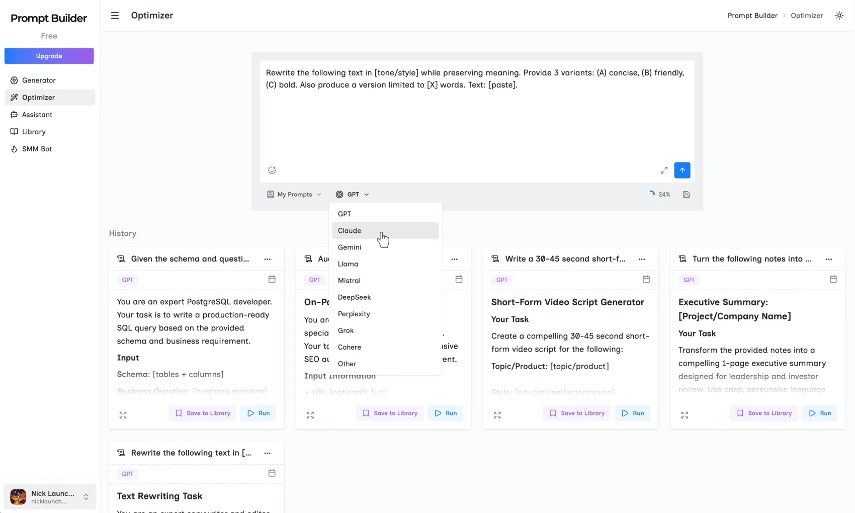 Promptbuilder optimizer interface showing prompt improvement features