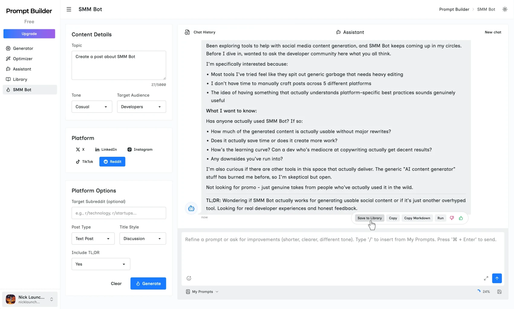 Promptbuilder use case example for social media post generation