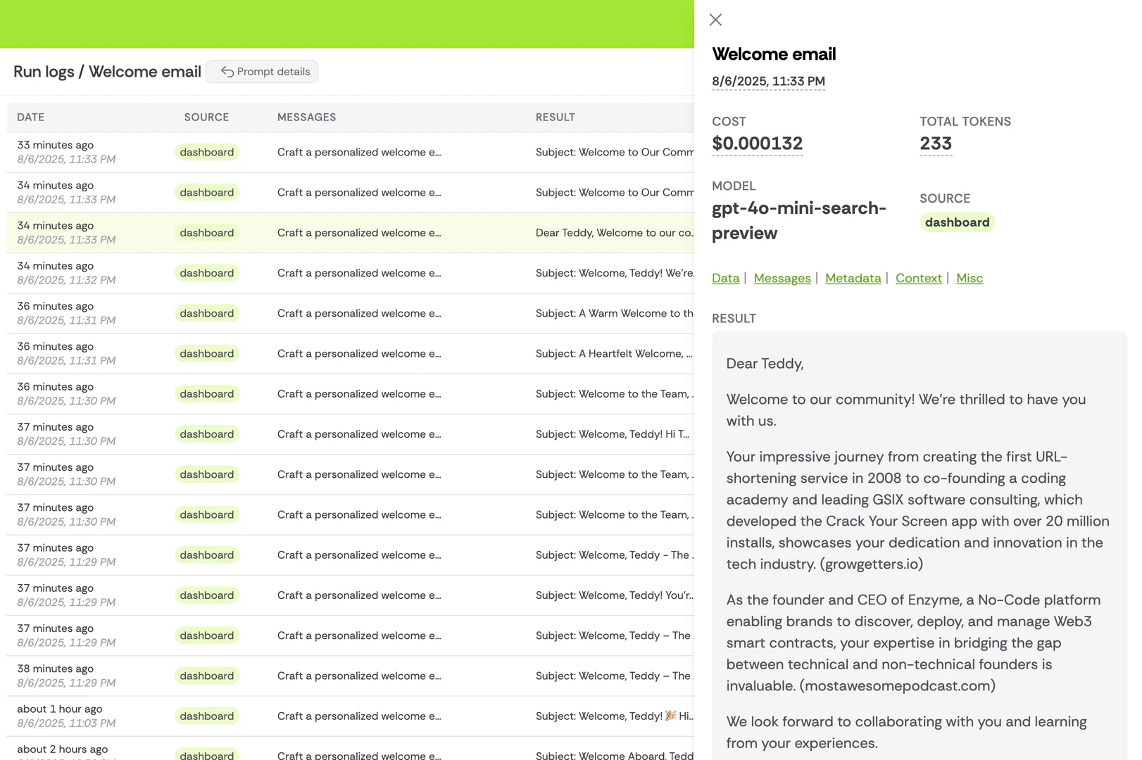 Promptground comprehensive run logs monitoring