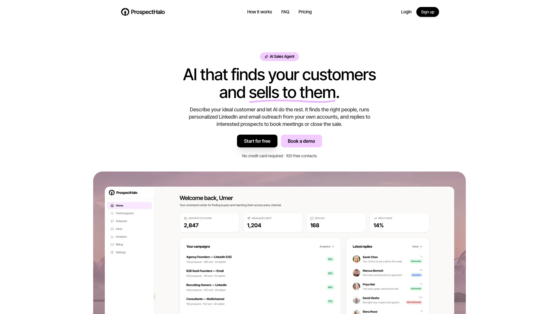 Prospecthalo website screenshot showing ProspectHalo is an AI-driven platform th... interface and features