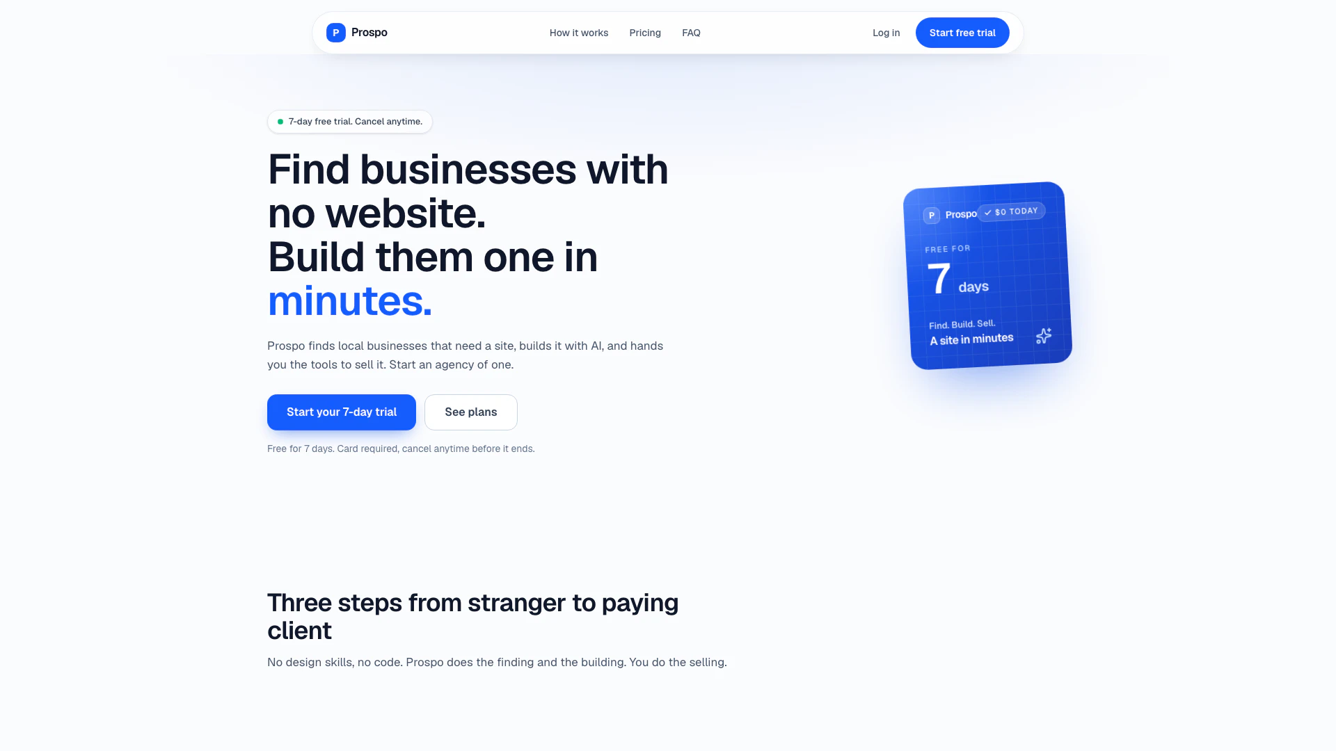 Prospo website screenshot showing Prospo finds local businesses with no we... interface and features