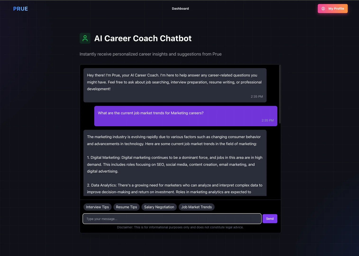 PruE.ai AI Career Coach usage example