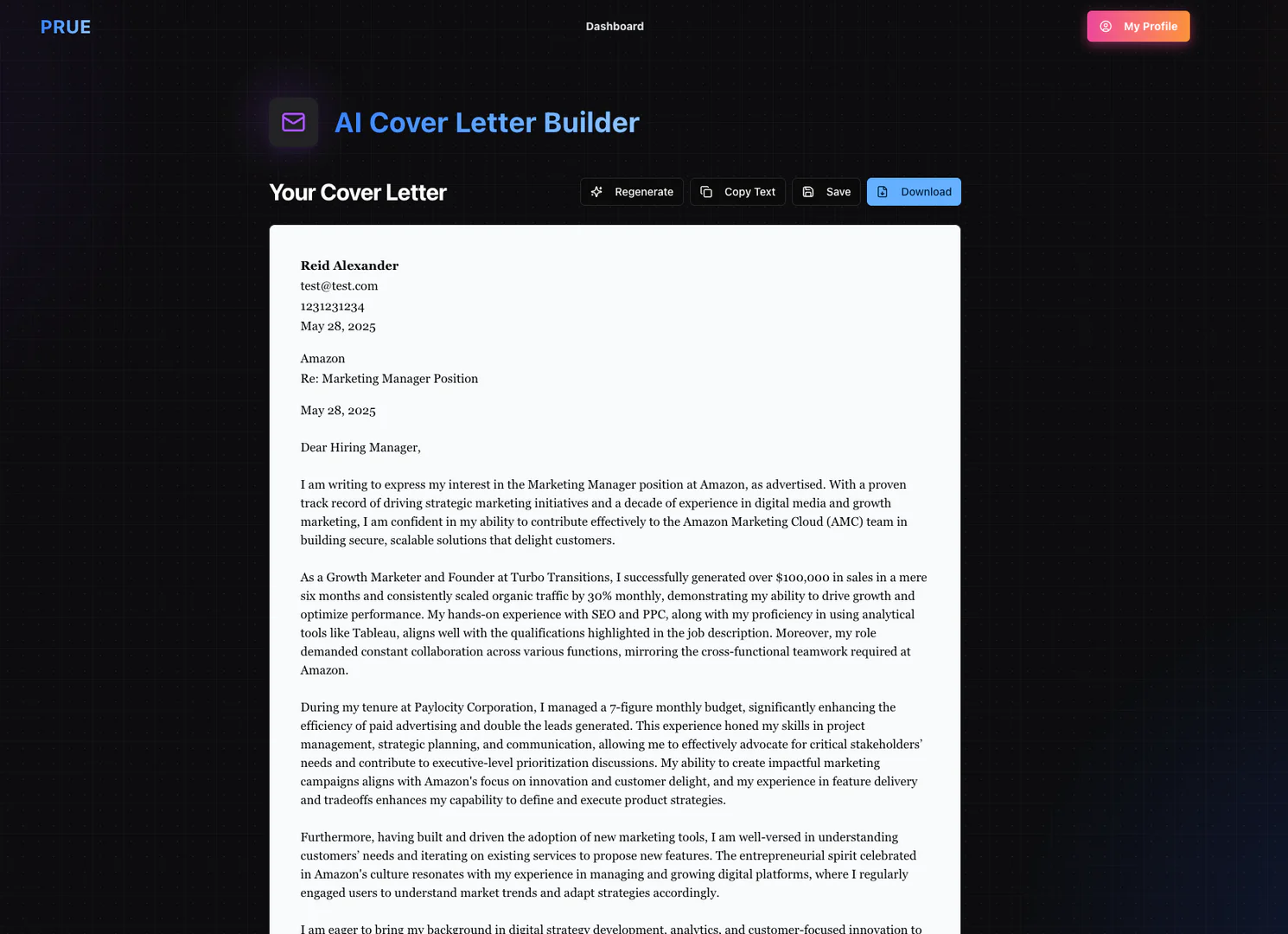 PruE.ai Cover Letter Generator demonstration