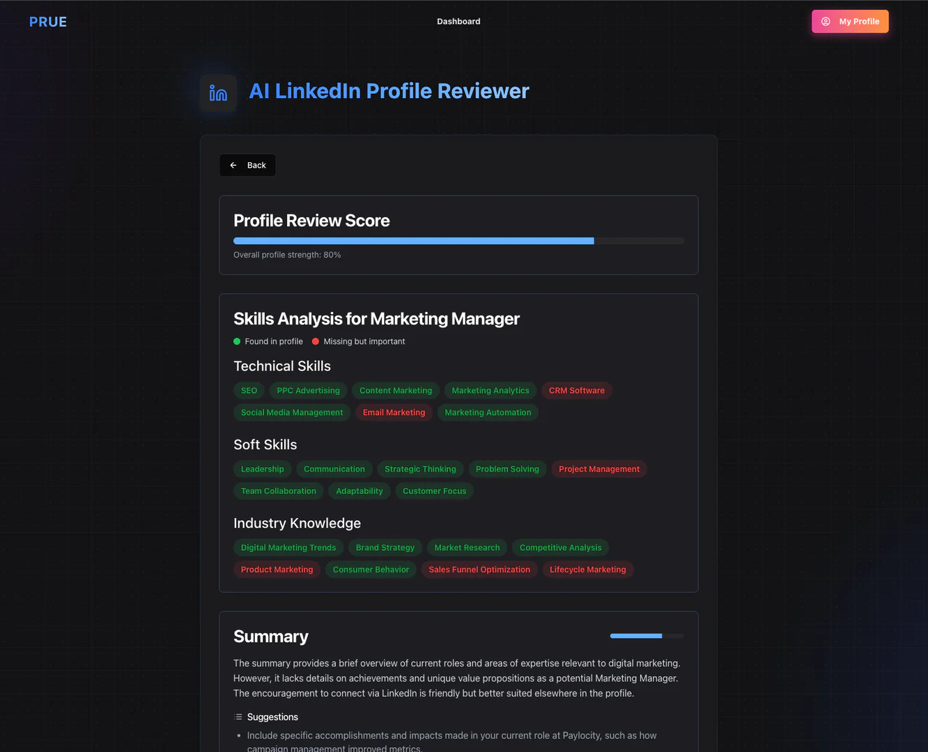 PruE.ai LinkedIn Optimizer feature