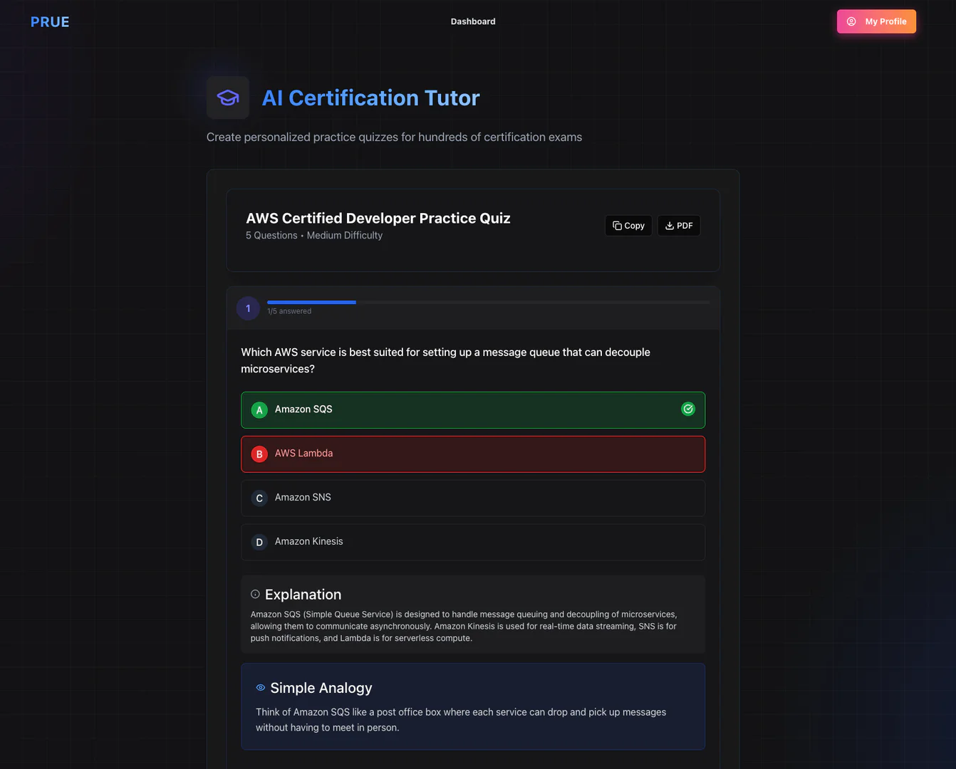 PruE.ai Certification Tutor example