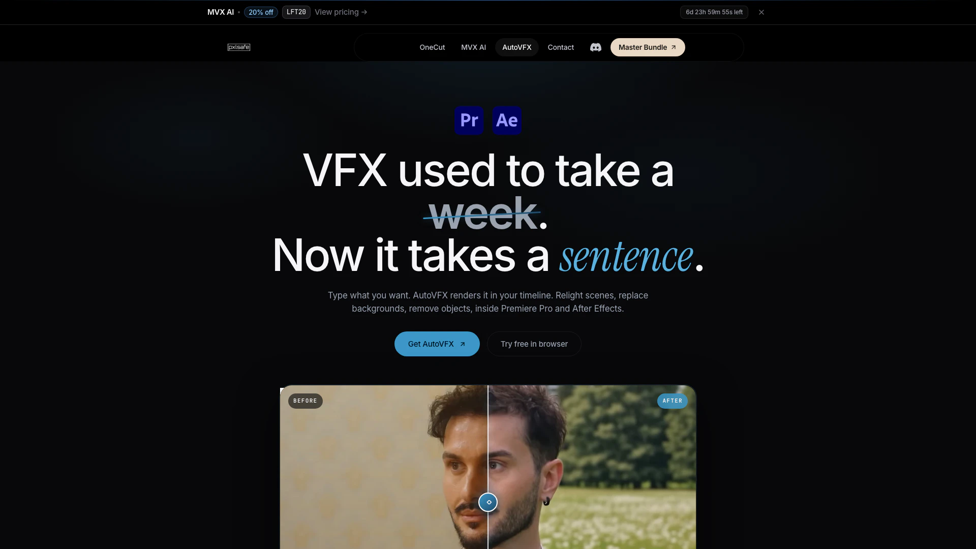 Pxlsafe website screenshot showing Type what you want and AutoVFX renders i... interface and features