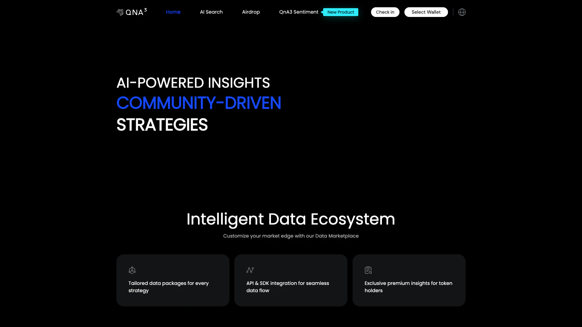 Qna3 website screenshot showing QnA3 | A next-generation AI-driven Web3 ... interface and features
