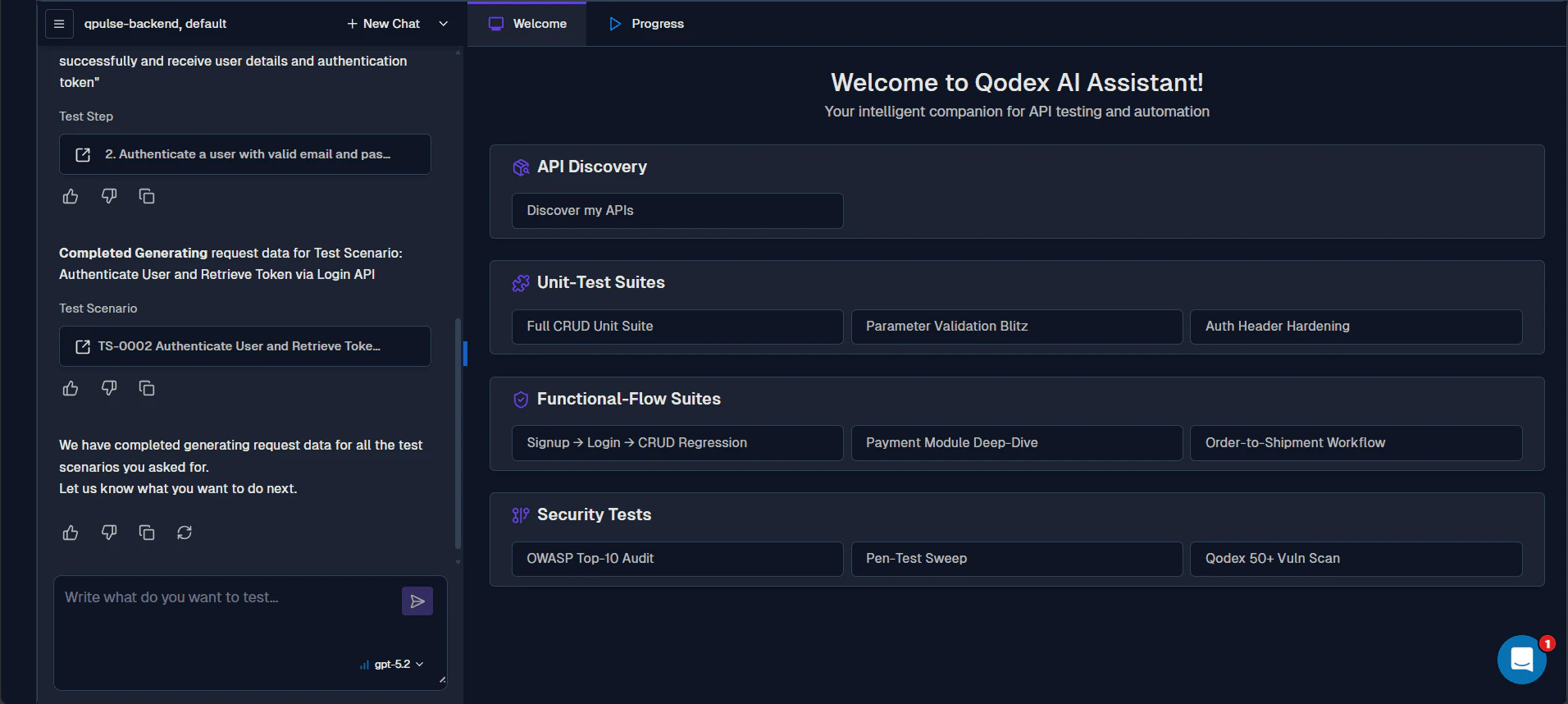 Qodexai chat-based test generation interface