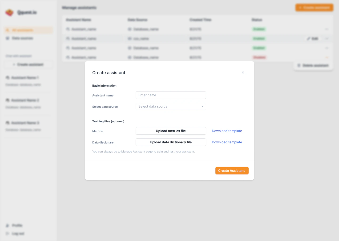 Qquest dashboard showing data integration options