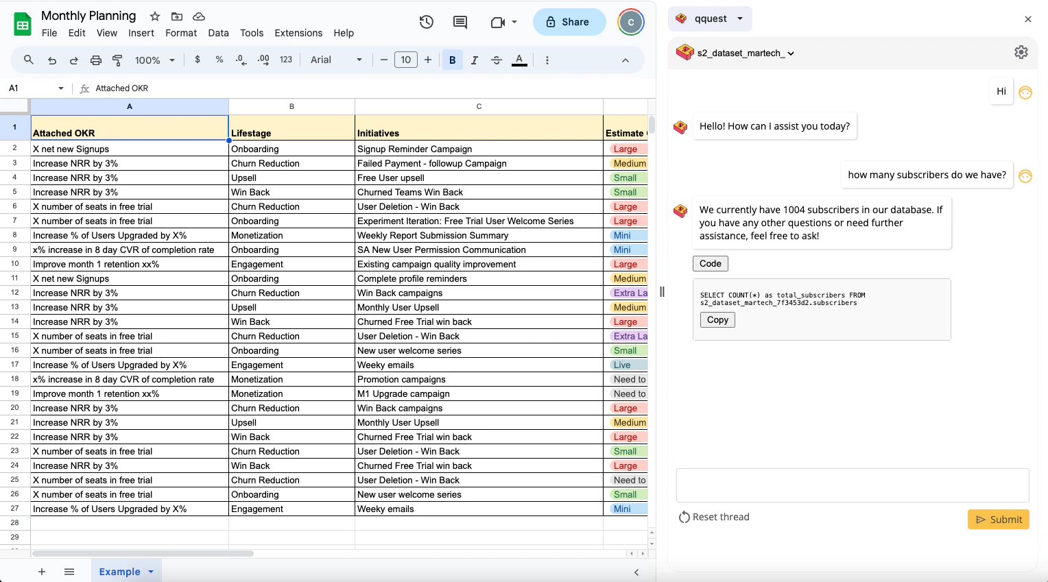 Qquest interface demonstrating data query capabilities