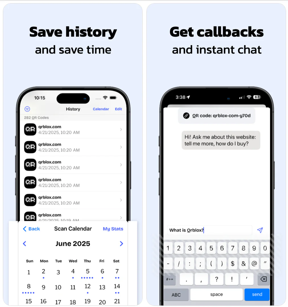 Qrblox app features including history and calendar view