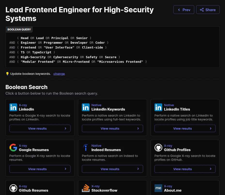 QSourcer Boolean query screen overview