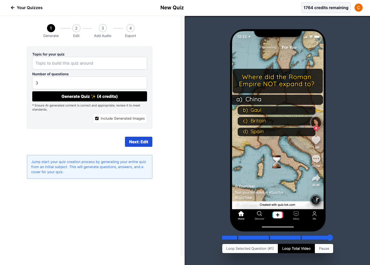 Quiz Tok product interface showcasing quiz creation features