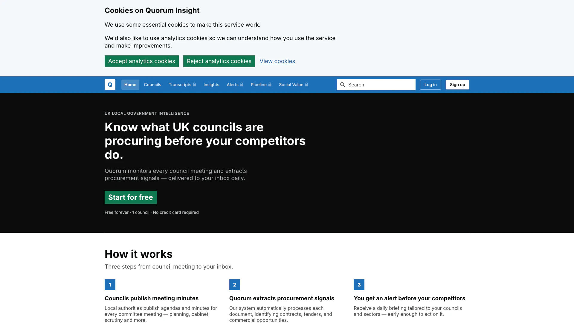 Quoruminsight website screenshot showing Quoruminsight helps you monitor local go... interface and features