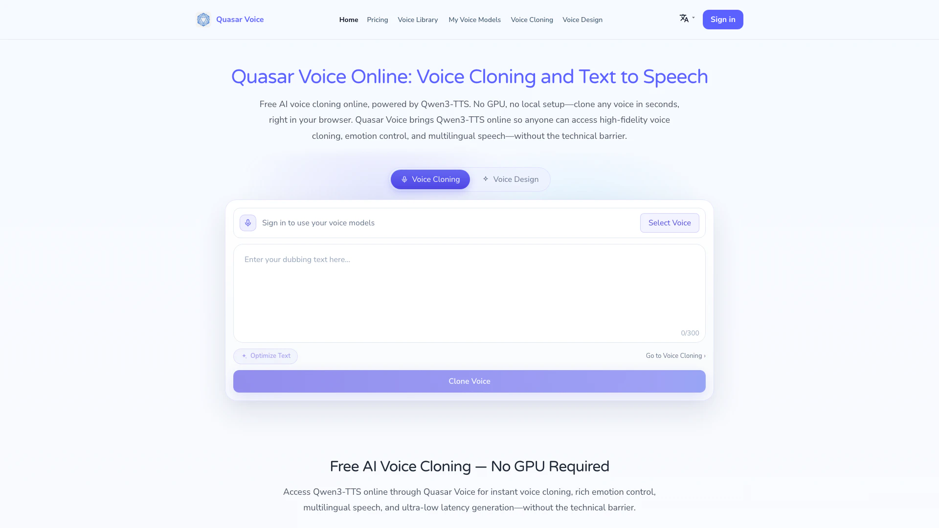 Quasar Voice website screenshot showing Quasar Voice offers free AI voice clonin... interface and features