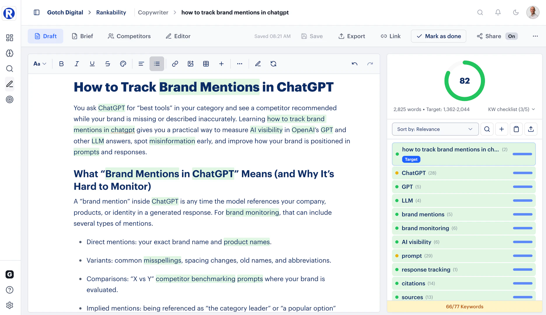 Rankability Copywriter operation interface