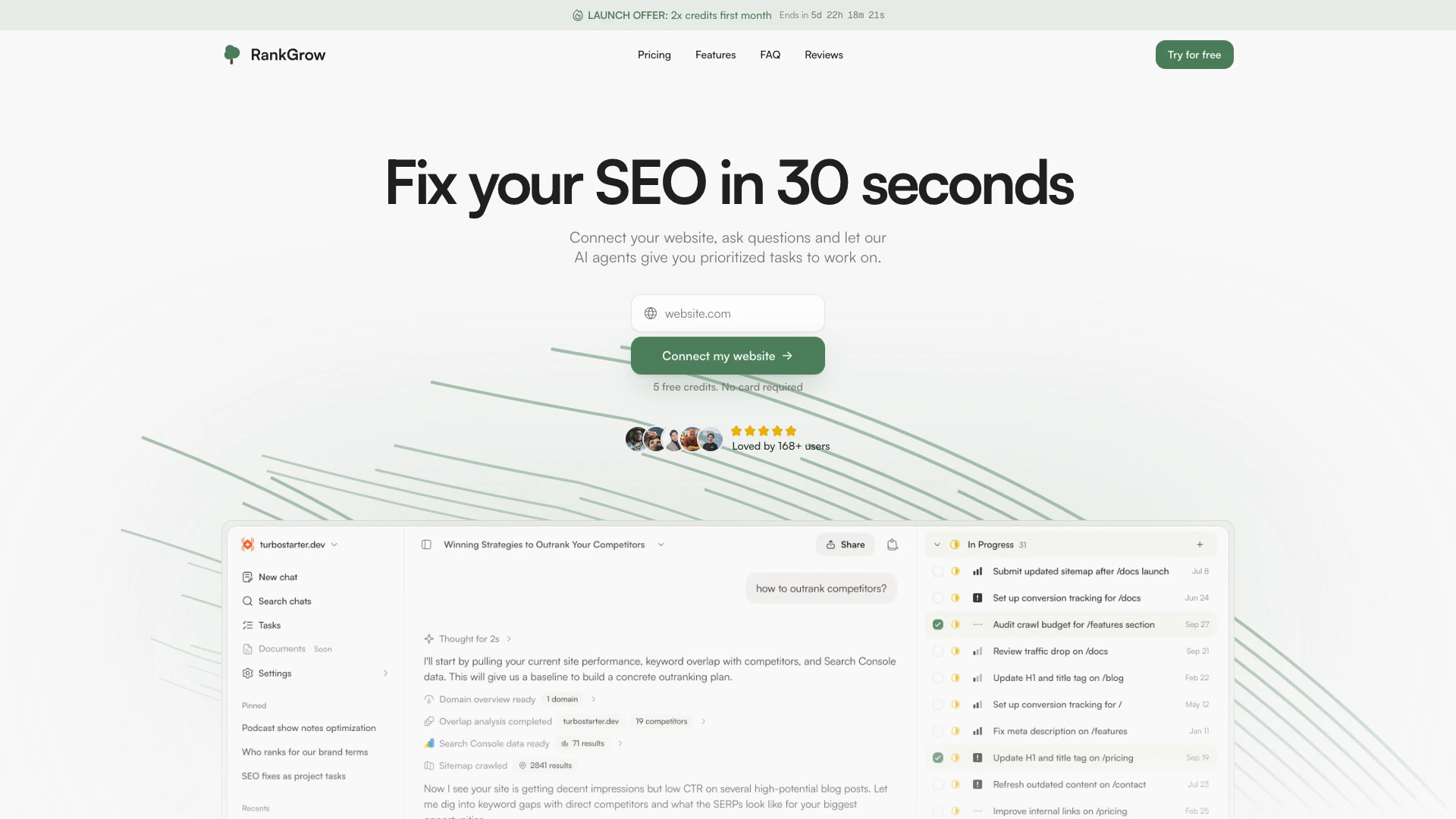 Rankgrow website screenshot showing RankGrow helps you analyze your SEO in s... interface and features