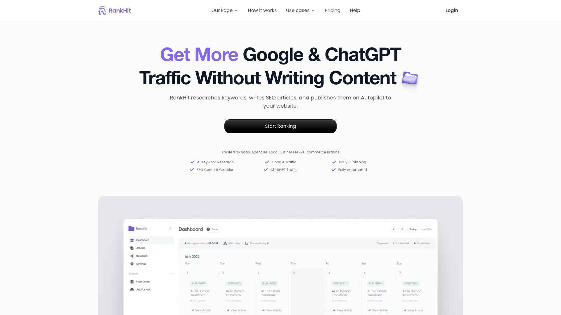 Rankhitai website screenshot showing RankHit is an AI-powered tool that autom... interface and features