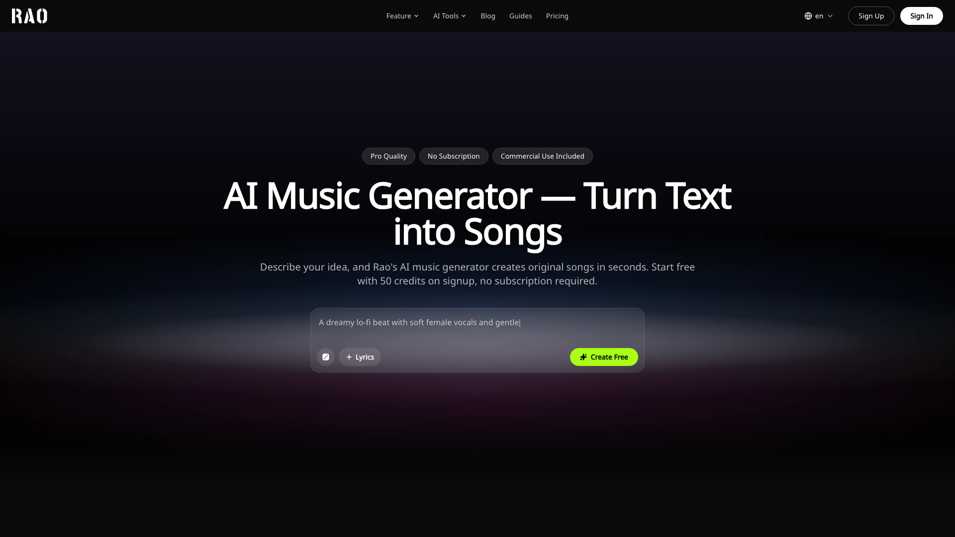 Raomusic website screenshot showing RaoMusic是一个AI音乐生成器,可以将您的文本提示或歌词转化为原创歌曲、器... interface and features