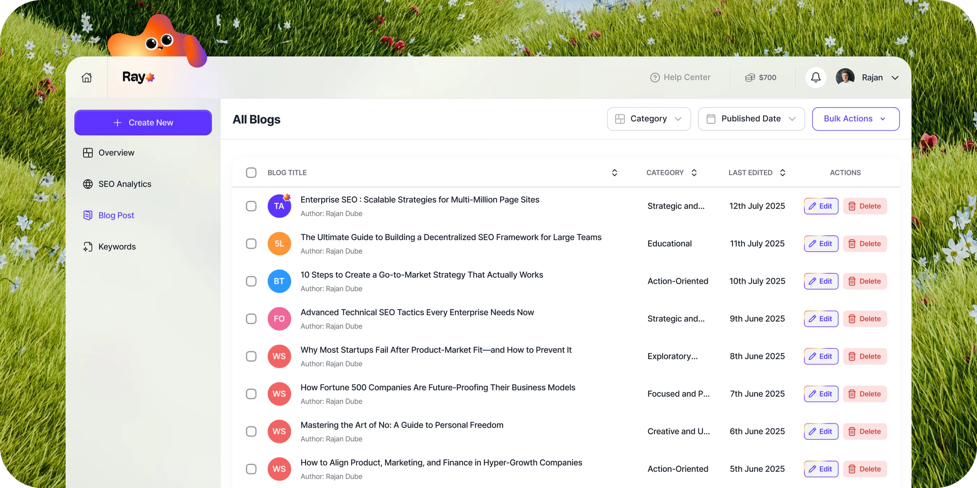 Rayo SEO Dashboard Interface