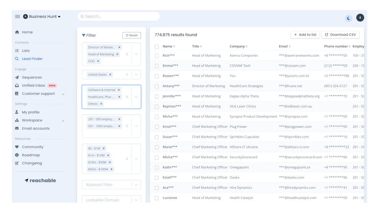 Reachable product overview and lead finder interface
