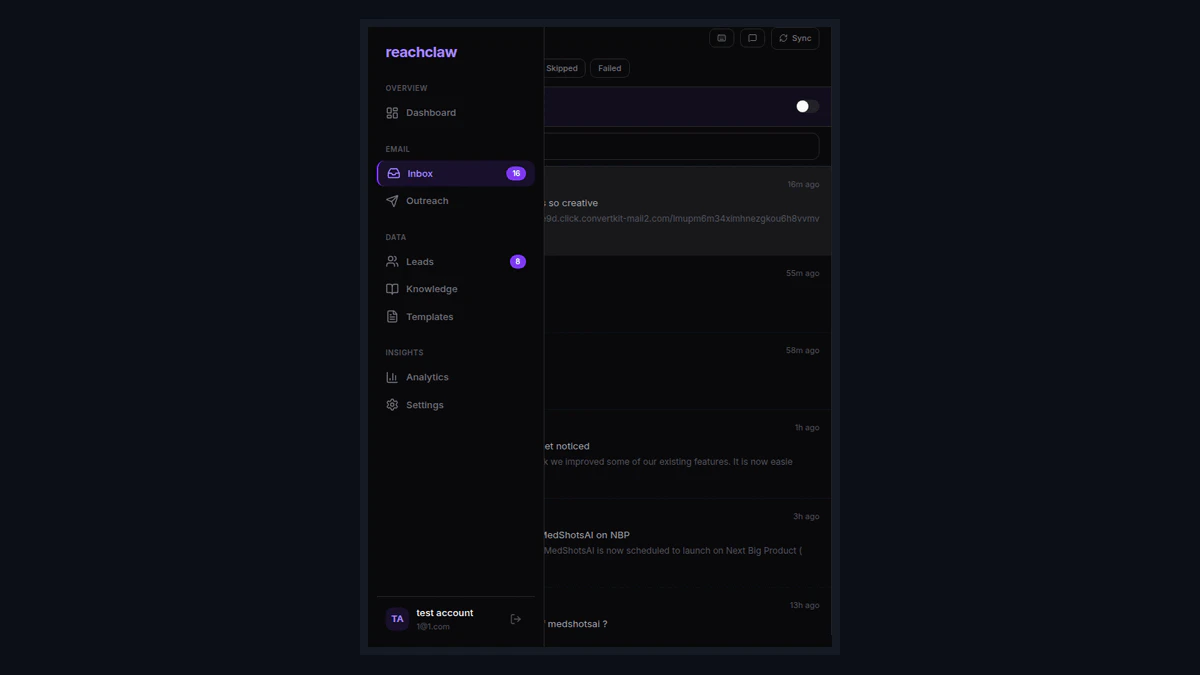 ReachClaw product interface showing AI email capabilities