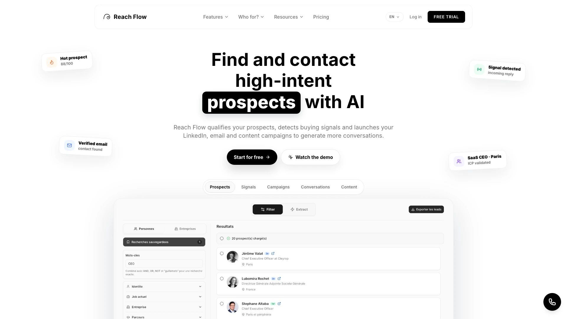 Reachflow website screenshot showing Automatiza la prospección, las conversac... interface and features